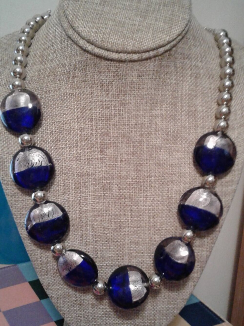 Blue Dichroic Glass Large Saucer Beads & Sterling Silver Necklace & Earrings